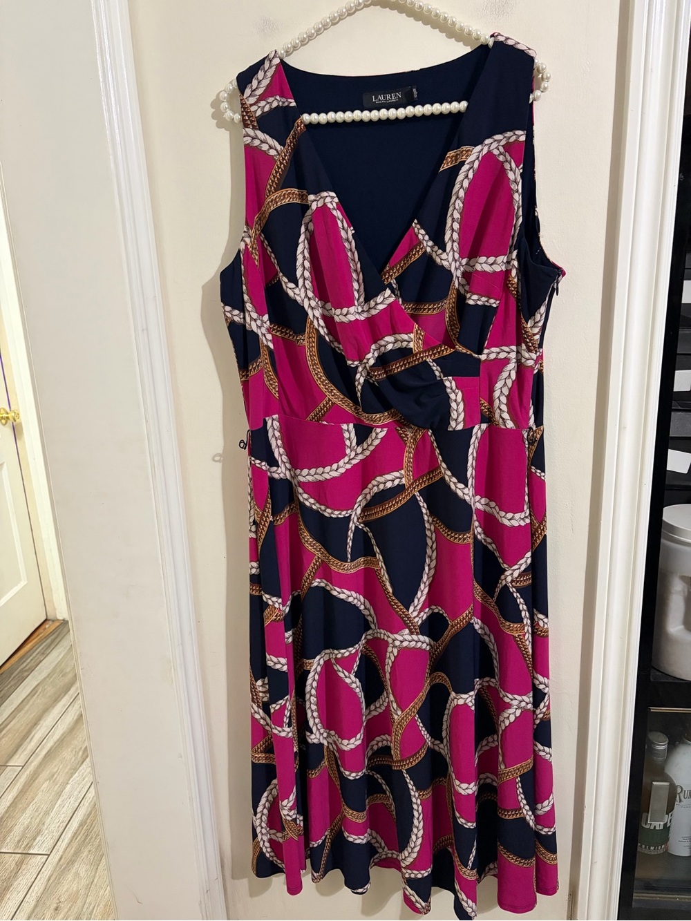 Lauren Ralph Lauren Navy and Fuchsia Rope-Print Faux-Wrap Midi Dress